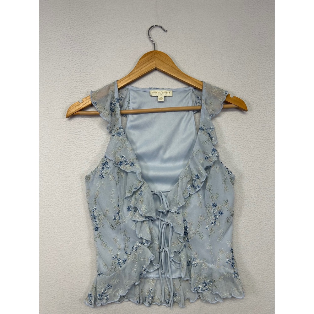 Coquette Fairycore Thirty/Thirty LA Womens Small Blue Floral Ruffle Lace Up Top